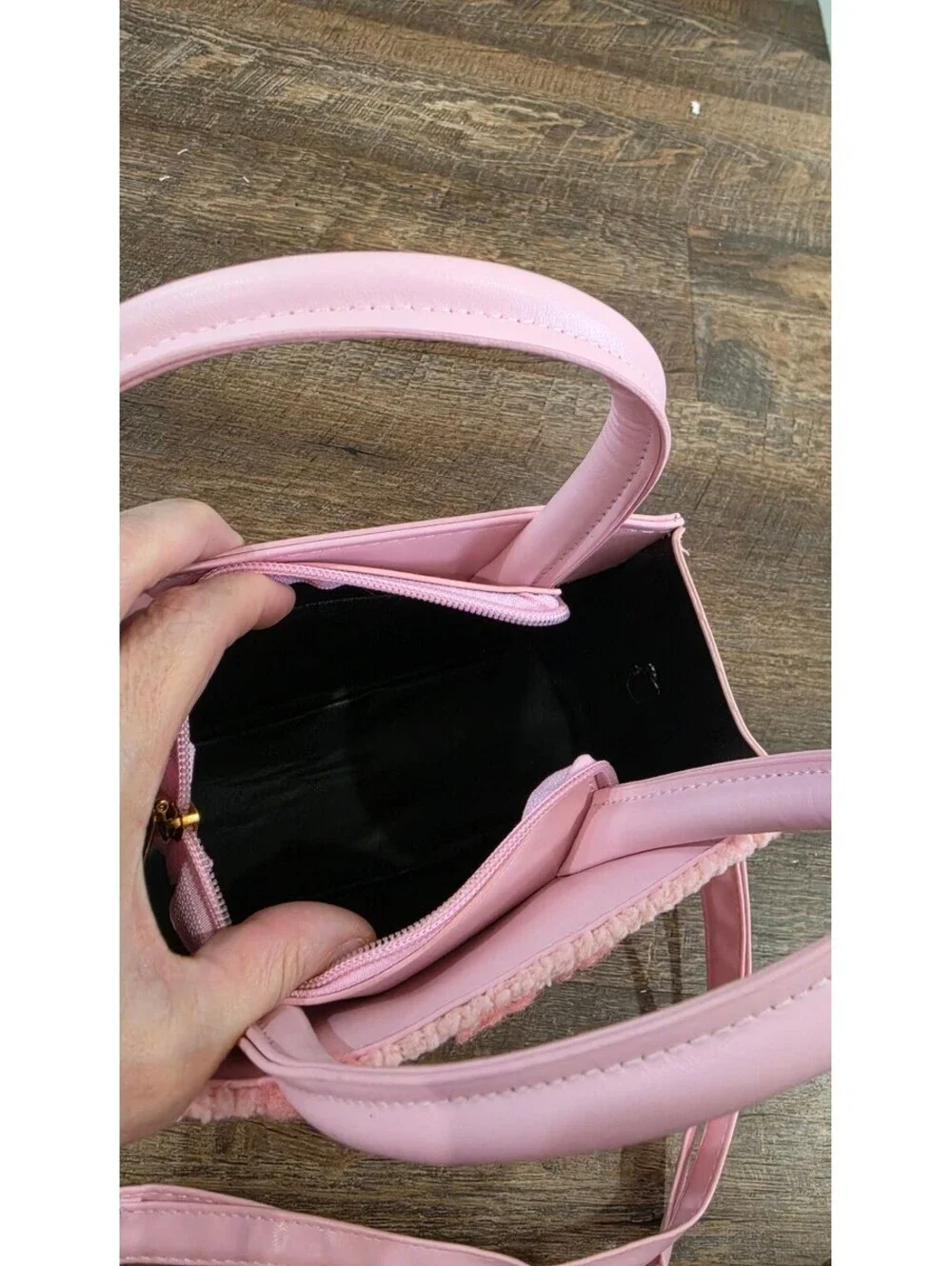 Pink Faux Shearling Heart Pattern Crossbody Bag with Top Handles